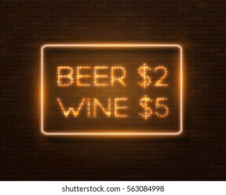 Illustration of Realistic Vector Neon Frame. Glowing Neon Bar Sign. Beer Vine Sale Retro Neon Frame
