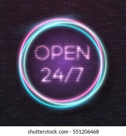 Illustration of Realistic Vector Neon Sign. Open 24 Hours Glowing Neon Frame. 24/7 Retro Neon Sign