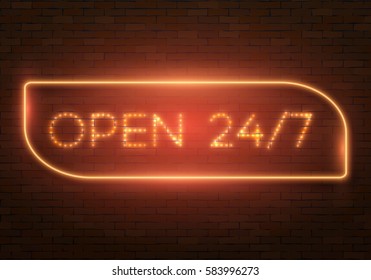 Illustration of Realistic Vector Neon Sign. Open 24 Hours Glowing Neon Frame. 24/7 Retro Neon Sign