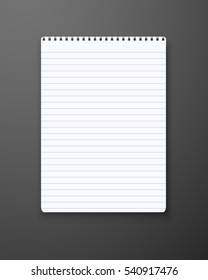 Ilustración del equipo de oficina del Bloc de notas de vectores realistas. Bloc de notas de papel aislado en fondo oscuro