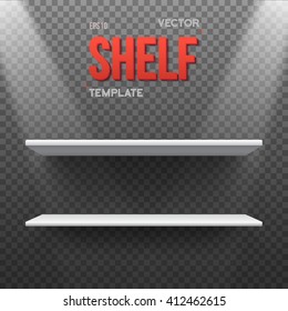 Illustration of Realistic Vector Shelf With Transparent Lights. EPS10 Empty Shelf for Store, Exhibitions, Shows. Vector Shelf on Wall. Realistic Shelf on Transparent Overlay Background