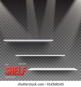 Illustration of Realistic Vector Shelf With Transparent Lights. EPS10 Empty Shelf for Store, Exhibitions, Shows. Vector Shelf on Wall. Realistic Shelf on Transparent Overlay Background