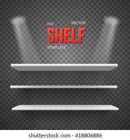 Illustration of Realistic Vector Shelf With Transparent Lights. EPS10 Empty Shelf for Store, Exhibitions, Shows. Vector Shelf on Wall. Realistic Shelf on Transparent Overlay Background