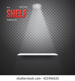 Illustration of Realistic Vector Shelf With Transparent Lights. EPS10 Empty Shelf for Store, Exhibitions, Shows. Vector Shelf on Wall. Realistic Shelf on Transparent Overlay Background