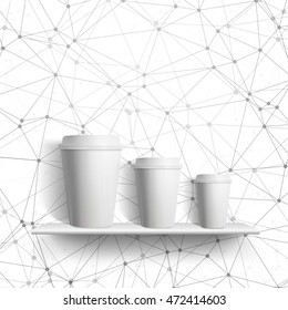 Illustration of Realistic Vector White Paper Coffee Cup Mockup Template Set on Shelf