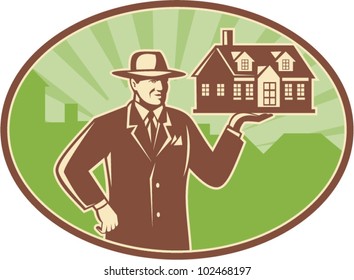 Illustration of a realtor real estate agent salesman holding a house for sale done in retro woodcut style set inside ellipse.
