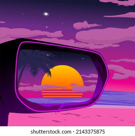 illustration rearview mirror with aesthetic beach,car,vaporwave style,holliday,anime,lo-fi sunset 