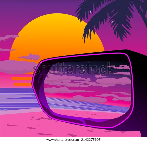 illustration rearview\
mirror with aesthetic beach,car,vaporwave\
style,holliday,anime,lo-fi sunset\
