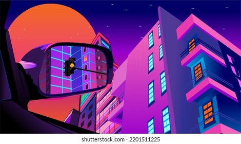 illustration of rearview mirror in the city,vaporwave animated picture