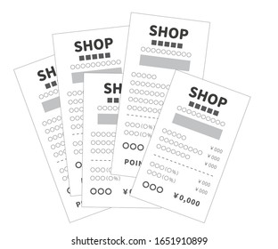 Illustration of receipt. Image of shopping and household accounts (multiple receipts)