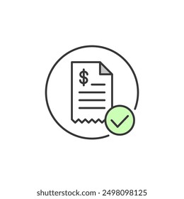 Illustration of receipt paper. Graphic source for receipt label illustrated by a piece of paper with dollar sign and green checklist in circle. Symbolizes a mark of transaction or trade bill as paid.