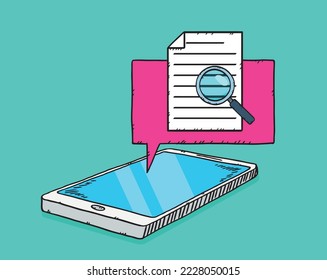 Ilustración de recibir un mensaje por teléfono y comprobar su contenido. Imagen vectorial dibujada a mano.