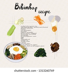 Illustration for recipe bibimbap. Bibimbap korean traditional dish with fried egg. Asian cuisine. Set of bibimbap products. Hand drawn vector illustration.