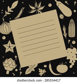 Illustration of recipe blank with vegetable frame in pale brown an black colors.