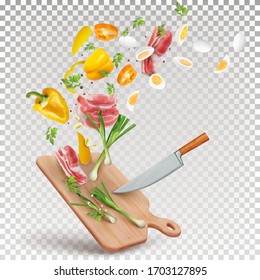 Illustration of a recipe for cooking meat with vegetables. Vector 3d illustration of pork meat, yellow paprika, eggs, green onions, parsley, spices.