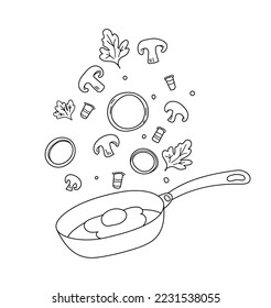 Illustration of a recipe for fried eggs with mushrooms and bacon. Doodle breakfast ingredients. Frying pan with fried egg

