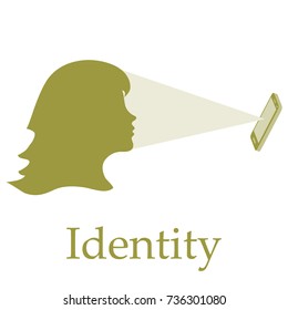 Illustration of recognition of female face by phone. Biometric verification and identification. New technologies. Protection of access to data.