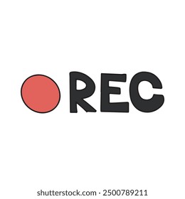 Illustration eines Aufnahmesymbols mit einem roten Kreis und dem Wort "REC" in fett schwarzen Buchstaben. Einfaches, modernes Design für digitale Medien, Video, Audio-Aufnahme und Rundfunk.
