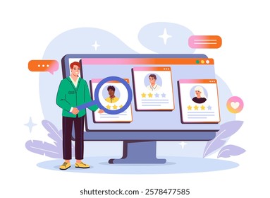 Illustration of a recruiter analyzing profiles on a computer screen with a magnifying glass. Modern flat style on a light abstract background. Recruitment concept. Vector illustration.