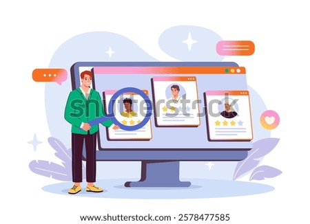 Illustration of a recruiter analyzing profiles on a computer screen with a magnifying glass. Modern flat style on a light abstract background. Recruitment concept. Vector illustration.