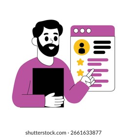 Ilustração de um recrutador exibindo documentos do candidato on-line