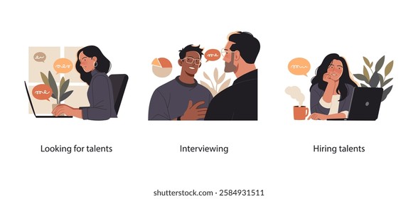 Illustration of a recruitment process, including talent search, job interviews, and hiring decisions. Represents HR management, career opportunities, and business team expansion.