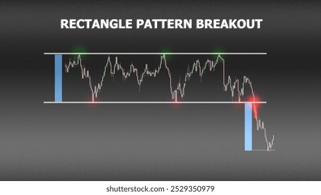 Illustration of rectangle pattern breakout with precise candlestick breakdown. Highlighting blue support-resistance range and breakout target. The breakout is marked by a red glowing light.