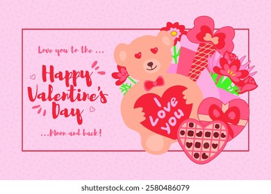 Illustration of a rectangular background featuring various St Valentine's Day thematic elements and a text placeholder. Ideal for greeting cards, banner designs, and online advertisements. Hand-drawn