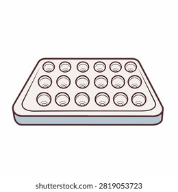 Illustration of a rectangular baking tray with twelve round muffin cups
