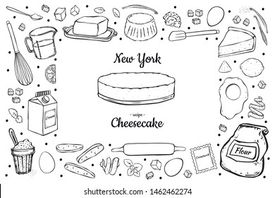 Illustration rectangular frame cheesecake and ingredients for cooking isolated on white background. Black outline doodle style.