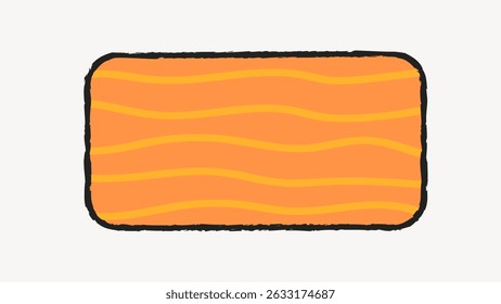 Illustration of a rectangular salmon fillet with wavy lines. The salmon fillet is orange with yellow waves. Simple salmon design on a white background. Frame with copy space, vector.