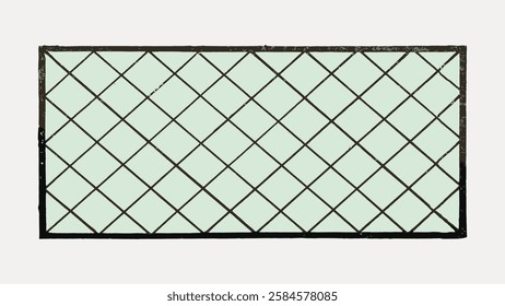 Illustration of a rectangular window with a diamond grid pattern. The window features a repeating diamond grid design, emphasizing geometric shapes. Vintage art illustration, vector.