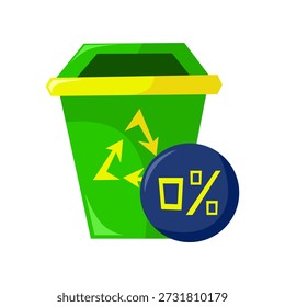 Ilustración de una papelera de reciclaje con flechas circulares y símbolo de porcentaje, que representa la gestión de residuos cero y la eficiencia del reciclaje.