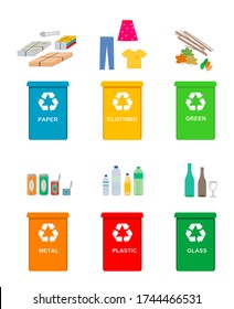 Illustration of recycle.  Plastic, paper, can, clothing, green, and glass.