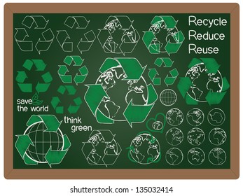 illustration of recycle, reduce, reuse, green concept design icon element collection set written on blackboard background vector, eps10