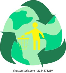 ilustración del reciclaje en todo el mundo y el ser humano lanzando basura en la papelera, concepto del día del medio ambiente, ilustración de las existencias