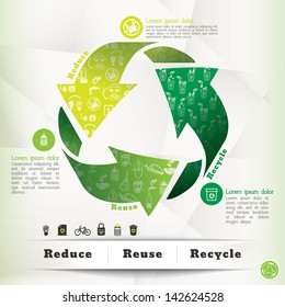 Ilustración de símbolos de reciclaje e iconos ecológicos con concepto de reciclaje de reducción de la reutilización