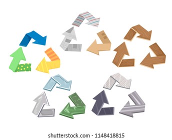 Illustration of Recycle Symbol Made from Different Materials from Paper, Cardboard, Fabric, Metal and Glass