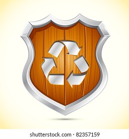 illustration of recycle symbol on wooden shield