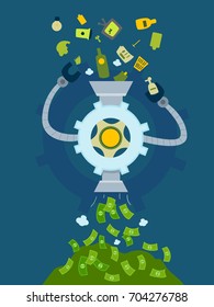 Illustration of a Recycling Machine Taking in Garbage and Releasing Money