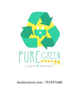 Illustration with recycling symbol and electric plug, logo original design template. Alternative pure energy industry. Flat vector isolated on white