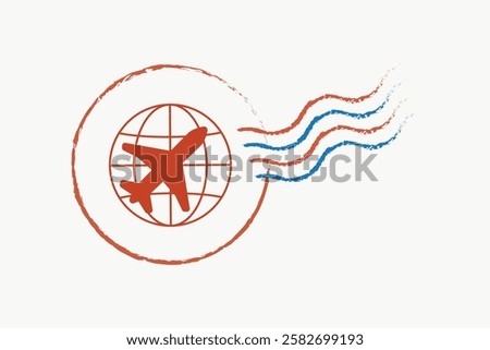 Illustration of a red airplane inside a globe circle, with blue and red wavy lines. Airplane and globe theme, emphasizing travel and aviation concepts. Travel element vector illustration.
