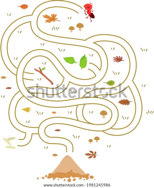 Illustration of a Red Ant Mascot Entering a Maze to\
Go to an Ant\
Mound