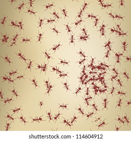 Illustration of red ants on brown background