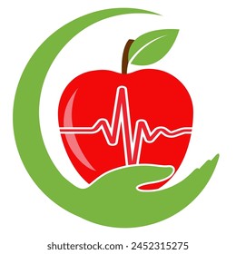 Illustration of red apple with cardiogram on white background.