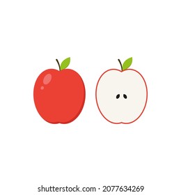 illustration of a red apple flat, fruit whole and in a cut, vector on a white background.Element, icon juicy fresh harvest of apples