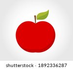 Illustration of red apple with green leaf, flat design vector icon.