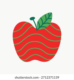 Ilustración de una manzana roja con hoja verde. Apple presenta líneas verdes onduladas. Diseño simple de la manzana en el fondo blanco. Icono de Apple con un aspecto fresco y moderno. Navidades Vector de ilustración.