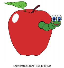 Illustration of a red apple with a green worm with big smiling eyes, coming out on top with white background.
