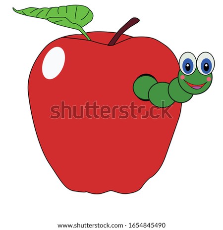 Illustration of a red apple with a green worm with big smiling eyes, coming out on top with white background.
